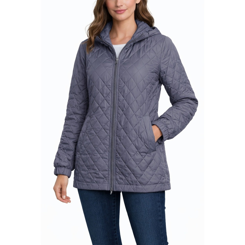 JustFab Womens Quilted Jacket XXS Gray Lightweight Zip Front Hooded Coat